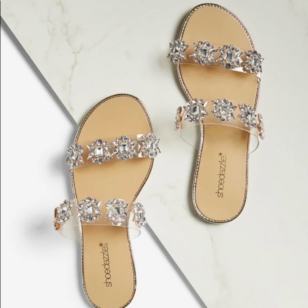 Sz 5.5 Haleigh Gold Rhinestone Flat Slide Sandals NIB-7127